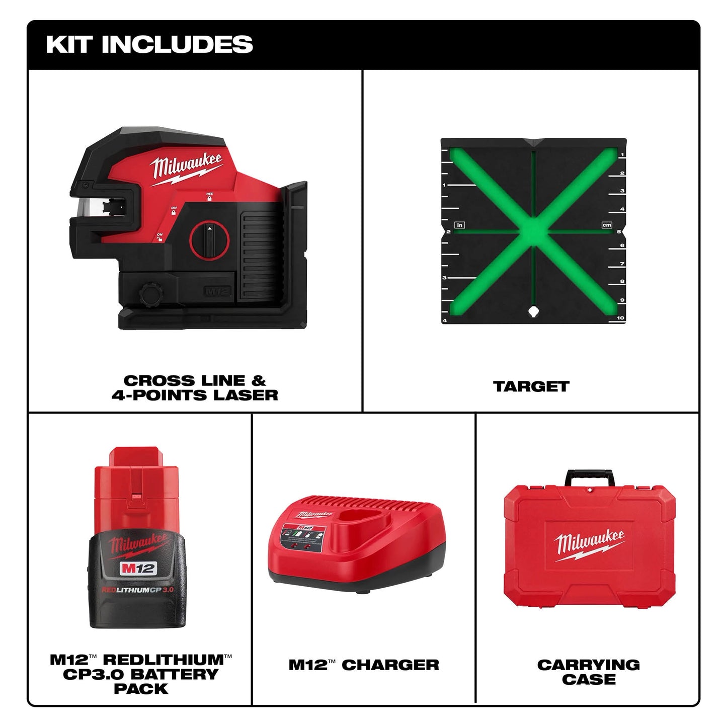 Milwaukee 3624-21, M12™ Green Cross Line & 4-Points Laser Kit
