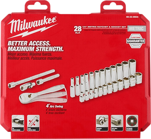 Milwaukee 48-22-9504, 1/4" Drive 28pc Ratchet & Socket Set - Metric