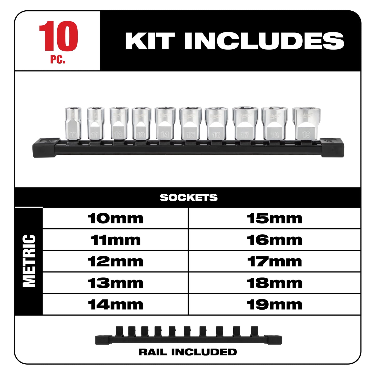 Milwaukee 48-22-9503, 10pc 3/8" Metric Sockets with FOUR FLAT™ Sides