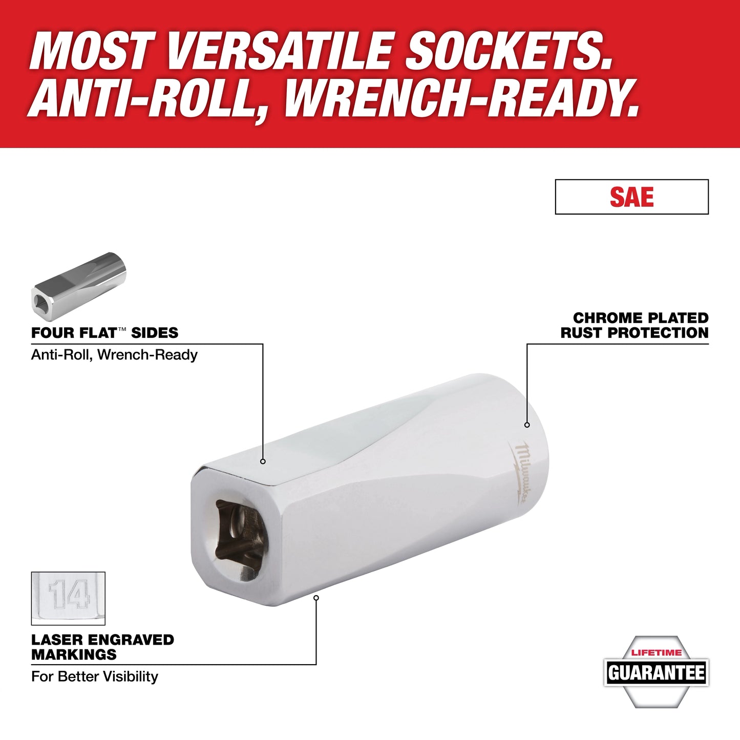 Milwaukee 48-22-9403, 10pc 3/8" SAE Sockets with FOUR FLAT™ Sides