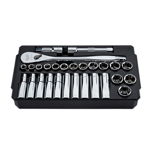 Milwaukee 48-22-9510, 28 pc 1/2" Drive Metric Ratchet and Socket Set with FOUR FLAT™ Sides