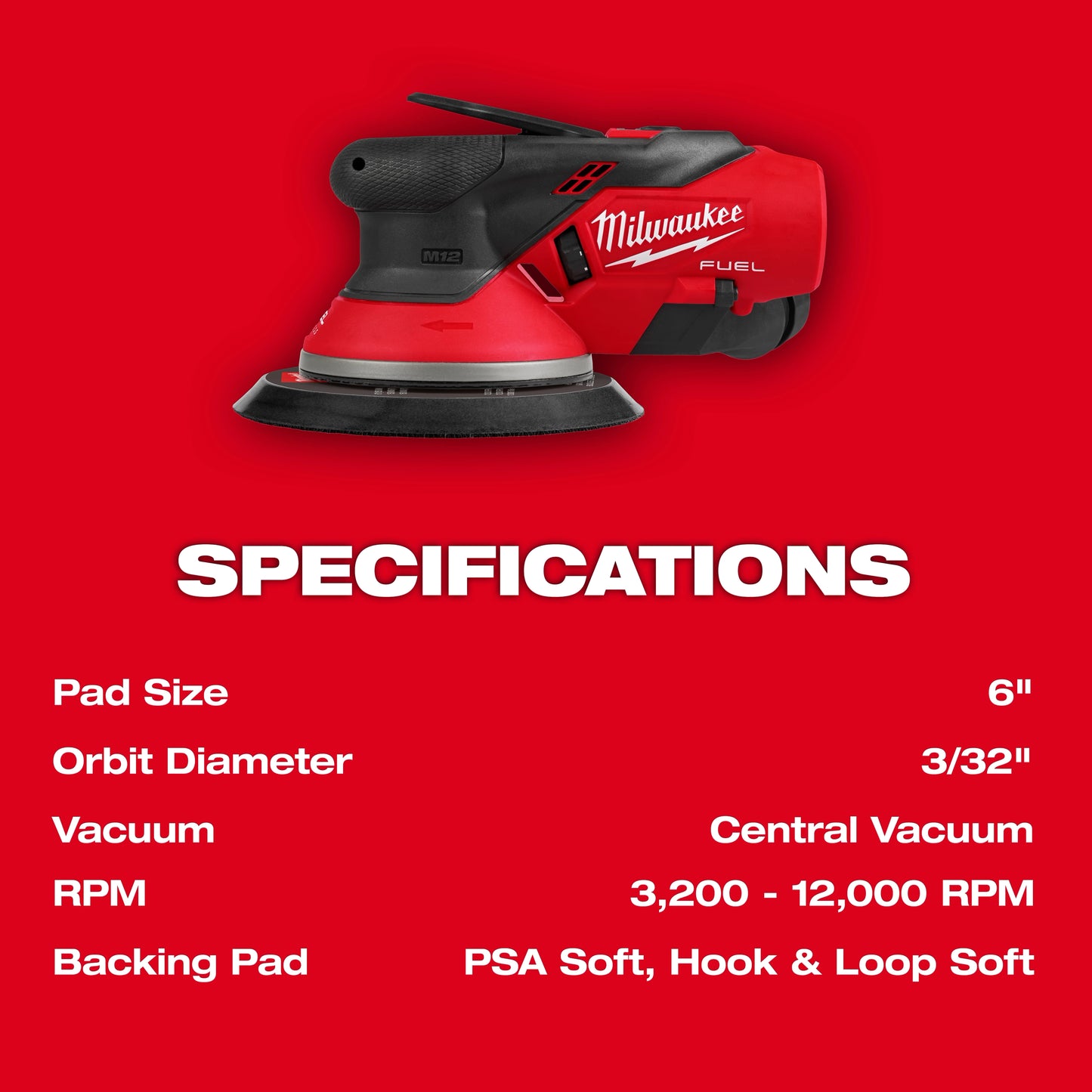 Milwaukee 2584-20, M12™ FUEL™ 6" Random Orbital Sander (3/32")
