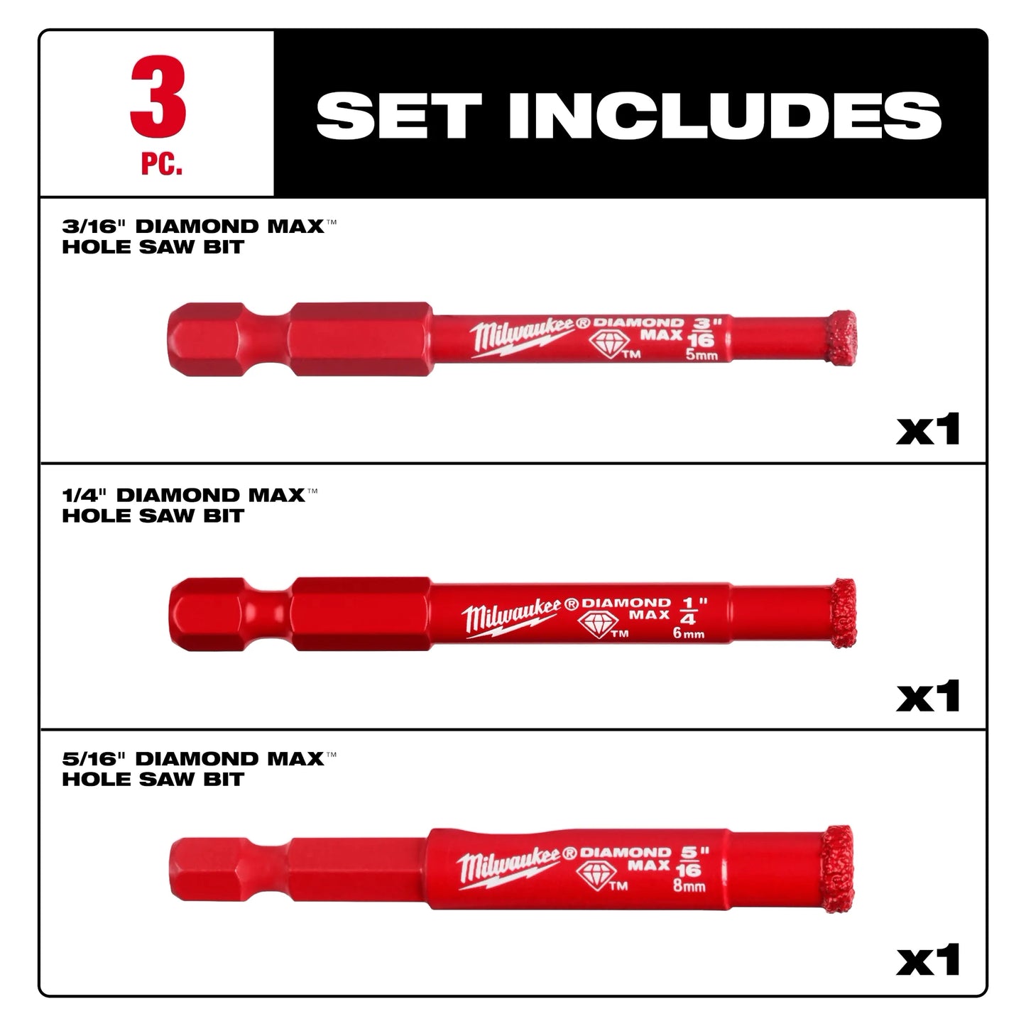 Milwaukee 49-56-0500, Milwaukee® Diamond Max™ Hole Saw Bit Set - 3PC