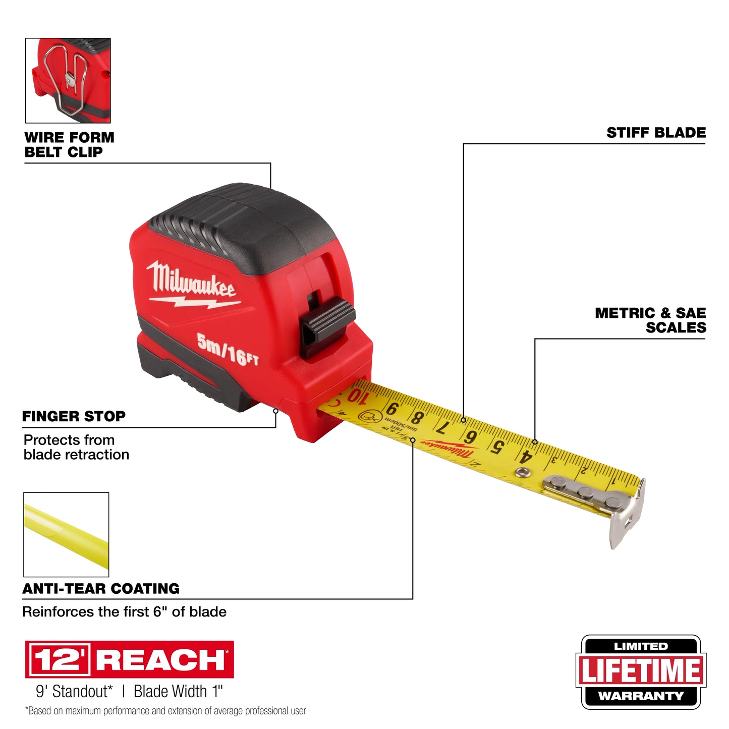 Milwaukee 48-22-1717, 5m/16ft Compact Tape Measure