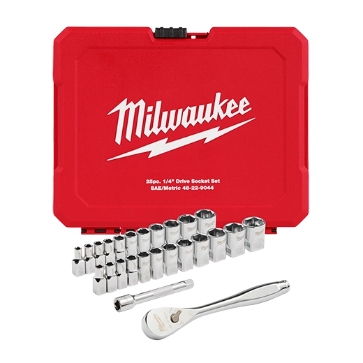 Milwaukee 48-22-9044, 25pc 1/4" Drive Metric & SAE Ratchet and Socket Set with FOUR FLAT™ SIDES