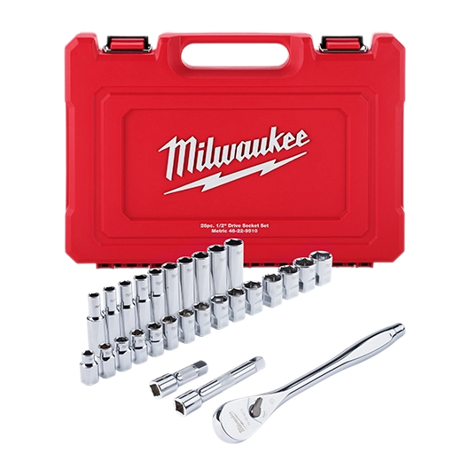 Milwaukee 48-22-9510, 28 pc 1/2" Drive Metric Ratchet and Socket Set with FOUR FLAT™ Sides