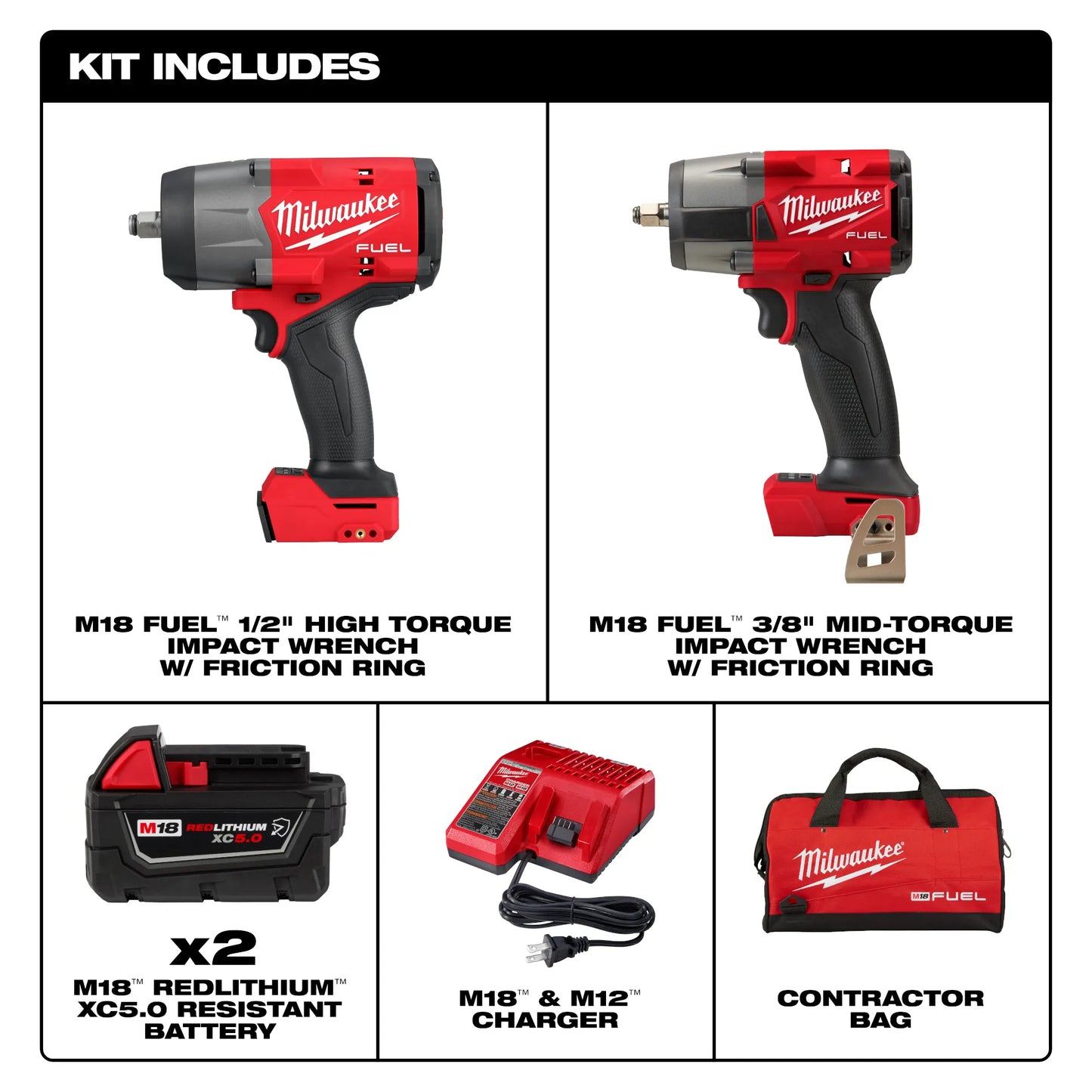 Milwaukee 3010-22, M18 FUEL™ 1/2" HTIW & 3/8" MTIW Automotive Combo Kit