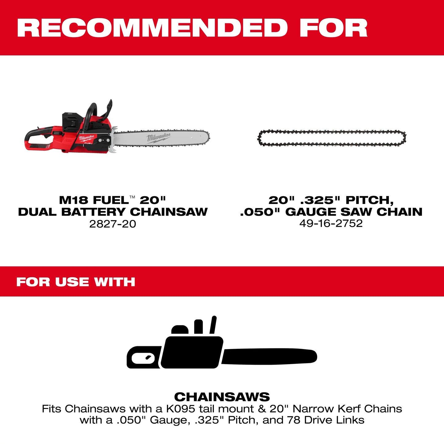 Milwaukee 49-16-2755, 20" .325" Pitch, .050" Gauge Guide Bar