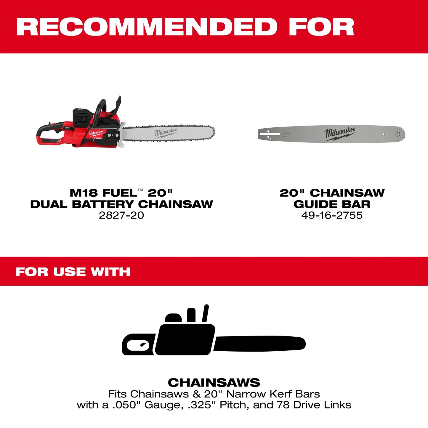 Milwaukee 49-16-2752, 20" .325" Pitch, .050" Gauge Saw Chain