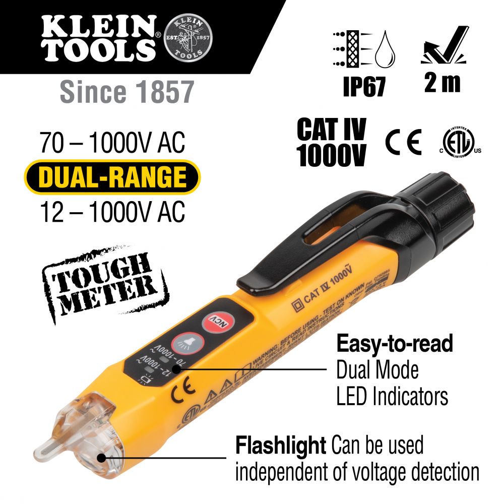 Klein Tools NCVT3P, Dual Range Non-Contact Voltage Tester with Flashlight, 12 - 1000V AC