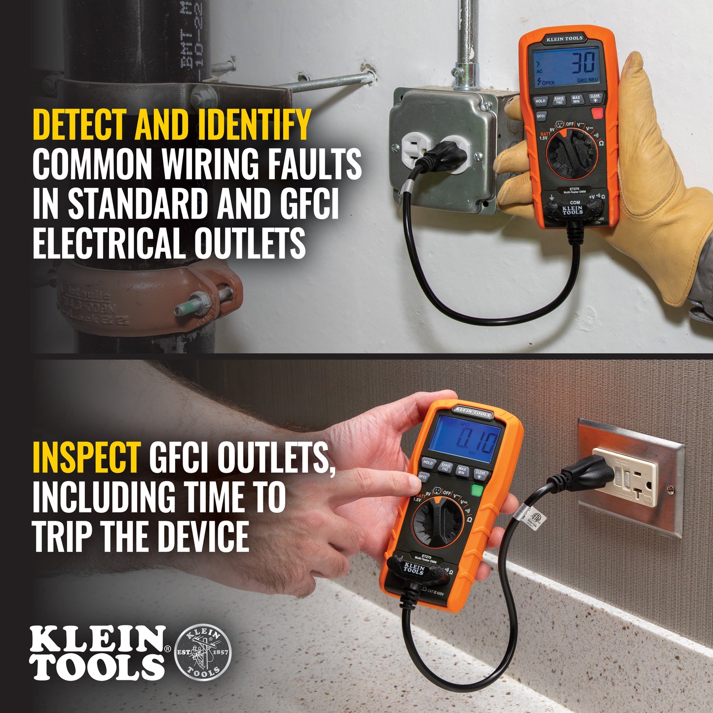 Klein Tools ET270, Digital Multi-Tester, Multimeter with Receptacle Tester