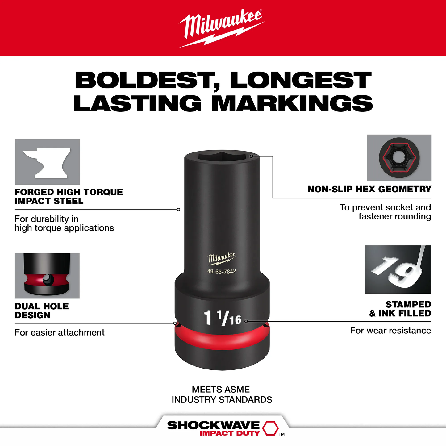 Milwaukee 49-66-6551, SHOCKWAVE Impact Duty™ 1" Drive 1-3/16" Standard 6 Point Socket