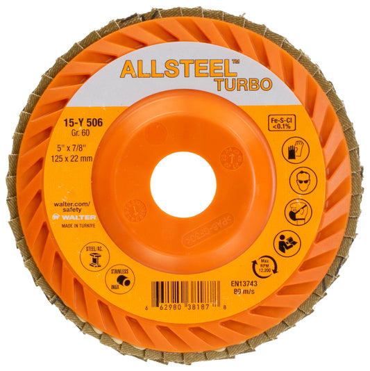 Walter 15Y506, ALLSTEEL™ Turbo Flap Disc, 5" x 7/8", 60 Grit, Zirconia Alumina