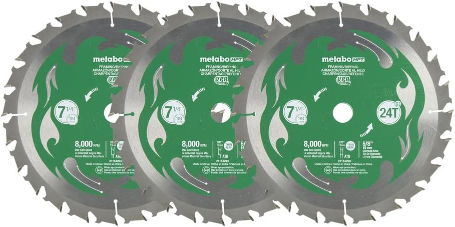 Metabl HPT 115430M, 7-1/4”, 24T Framing/Ripping VPR Blades, High Performance Micro Grain Tungsten Carbide, 5/8" Diamond Arbor, 3-Pack