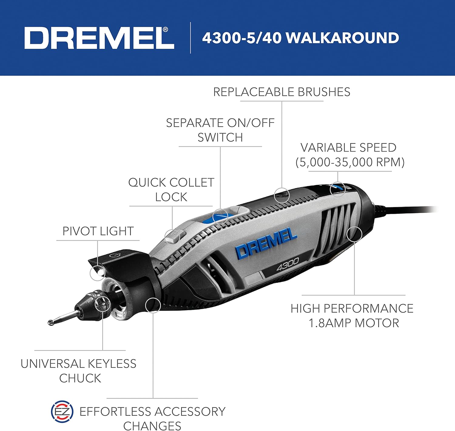 DREMEL 4300-5/40, High Performance Rotary Tool Kit with LED Light (5 Attachments, 40 Accessories)