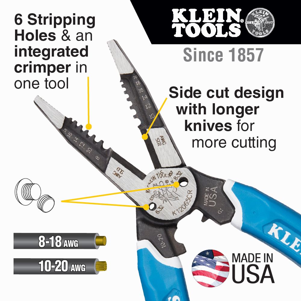 Klein Tools K12065CR, Klein-Kurve® Heavy-Duty Wire Stripper / Cutter / Crimper Multi Tool, 8-20 AWG