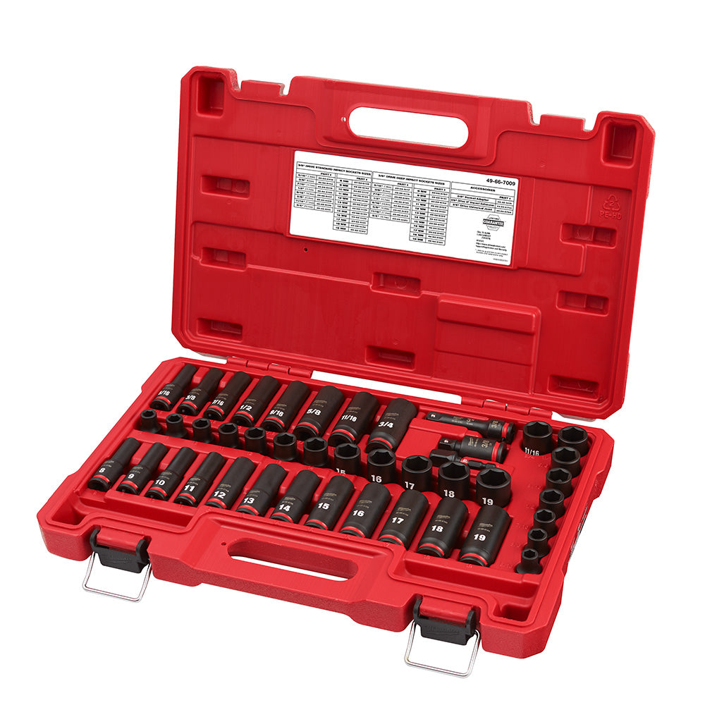 Milwaukee 49-66-7009, 3/8" Drive SHOCKWAVE Impact Duty SAE & Metric Deep 6 Point Socket Set - 43 Piece