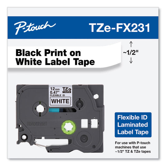 Brother TZEFX231, Laminated Flexible ID Tapes, 12MM-Black On White