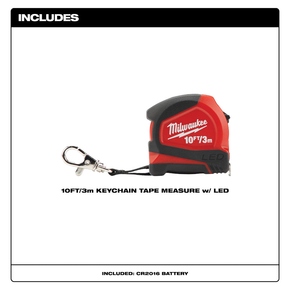 Milwaukee 48-22-6601, 10'/3m Keychain Tape Measure with LED