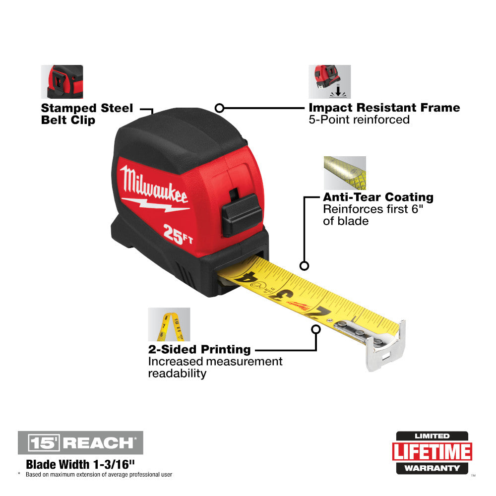 Milwaukee 48-22-0425, 25FT COMPACT WIDE BLADE TAPE MEASURE