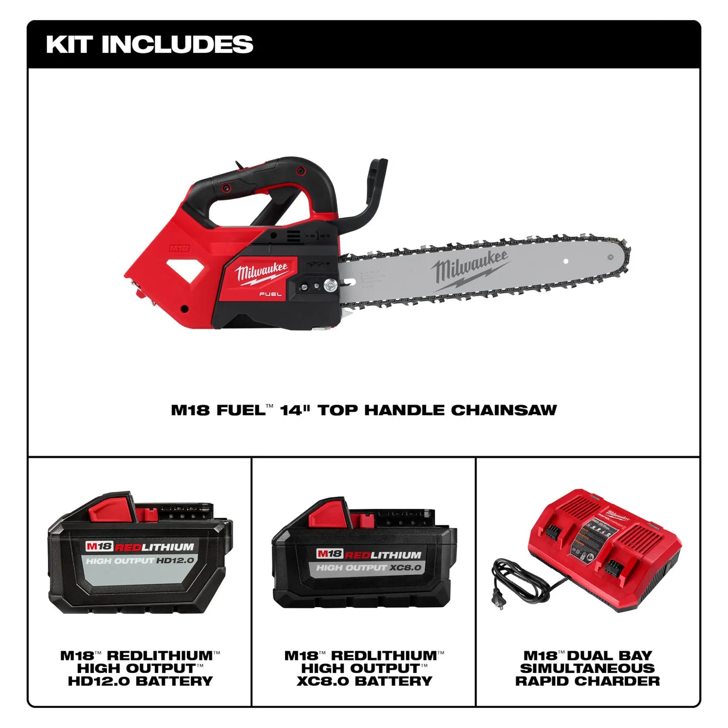 Milwaukee 2826-22T, M18 Fuel 14" Top Handle Chainsaw 2 Battery Kit