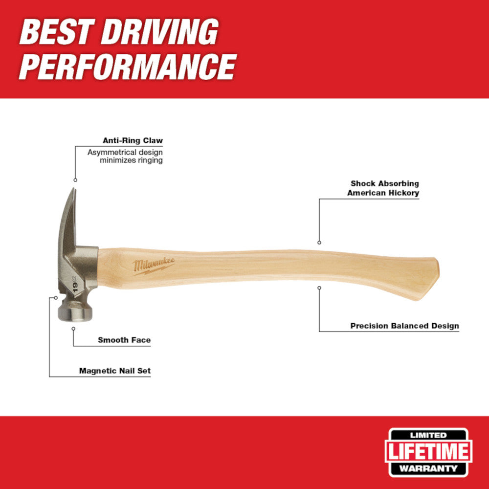 Milwaukee 48-22-9519, 19oz Smooth Face Hickory Handle Framing Hammer