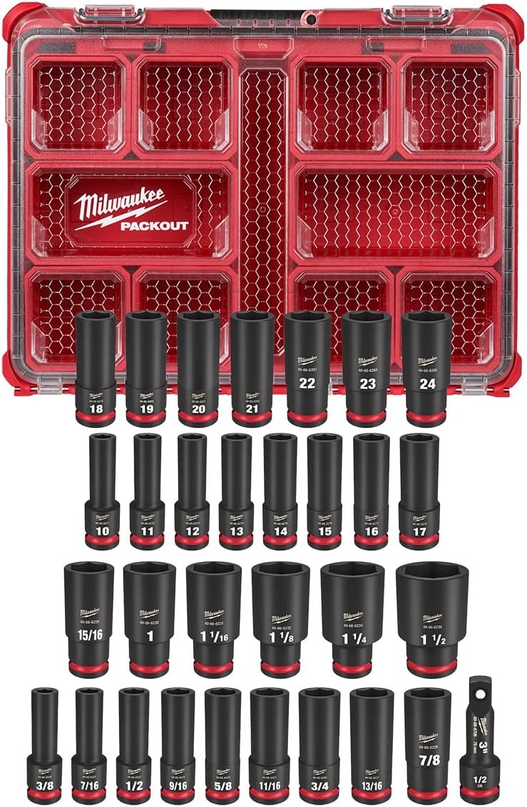 Milwaukee 49-66-6806, SHOCKWAVE Impact-Duty 1/2 in. Drive Metric and SAE Deep Well Impact PACKOUT Socket Set (31-Piece)