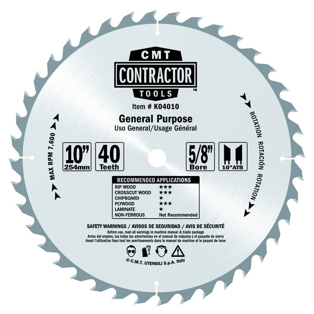 CMT K04010, General Purpose Saw Blade 10" x 40T with 5/8" Bore