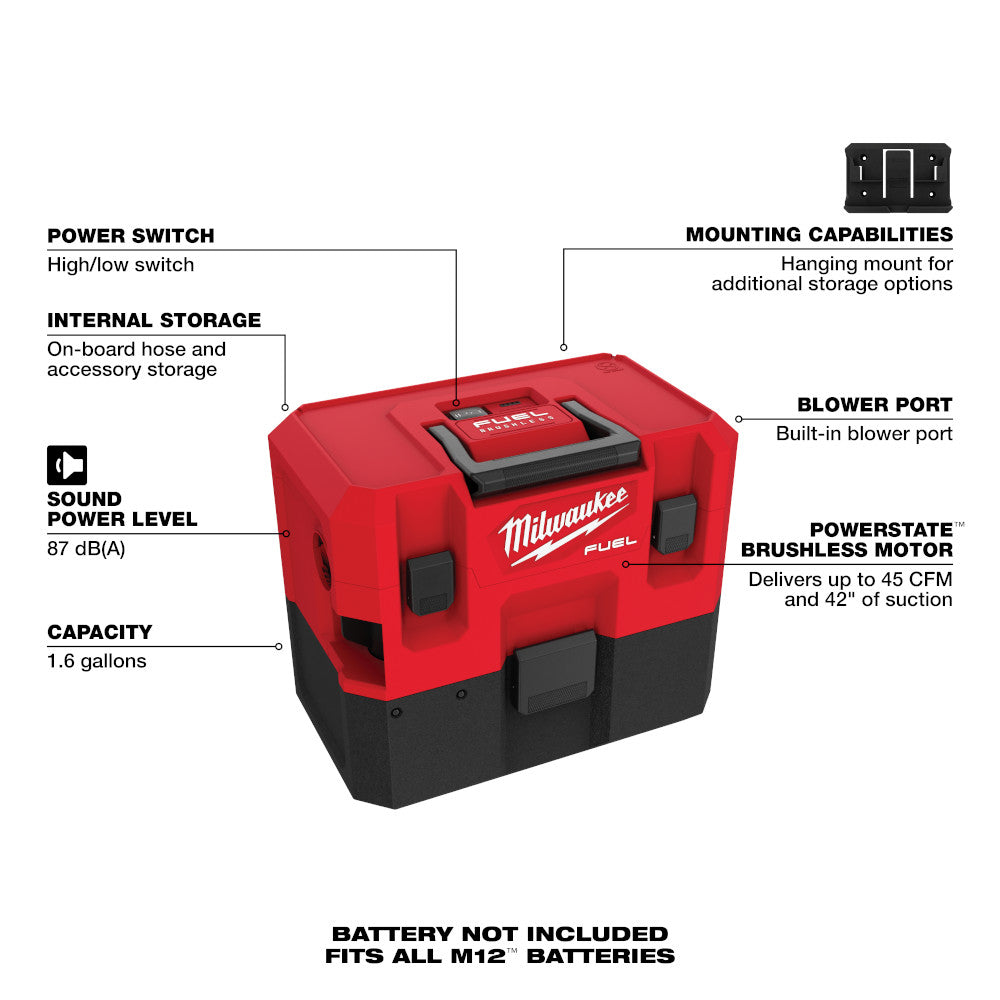 Milwaukee 0960-20, M12 FUEL 1.6 Gallon Wet/Dry Vacuum (Tool Only)