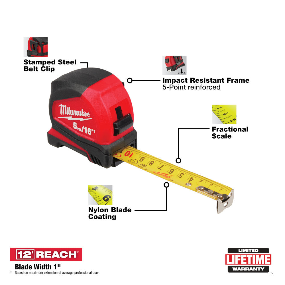 Milwaukee 48-22-6617, 5M/16FT COMPACT TAPE MEASURE