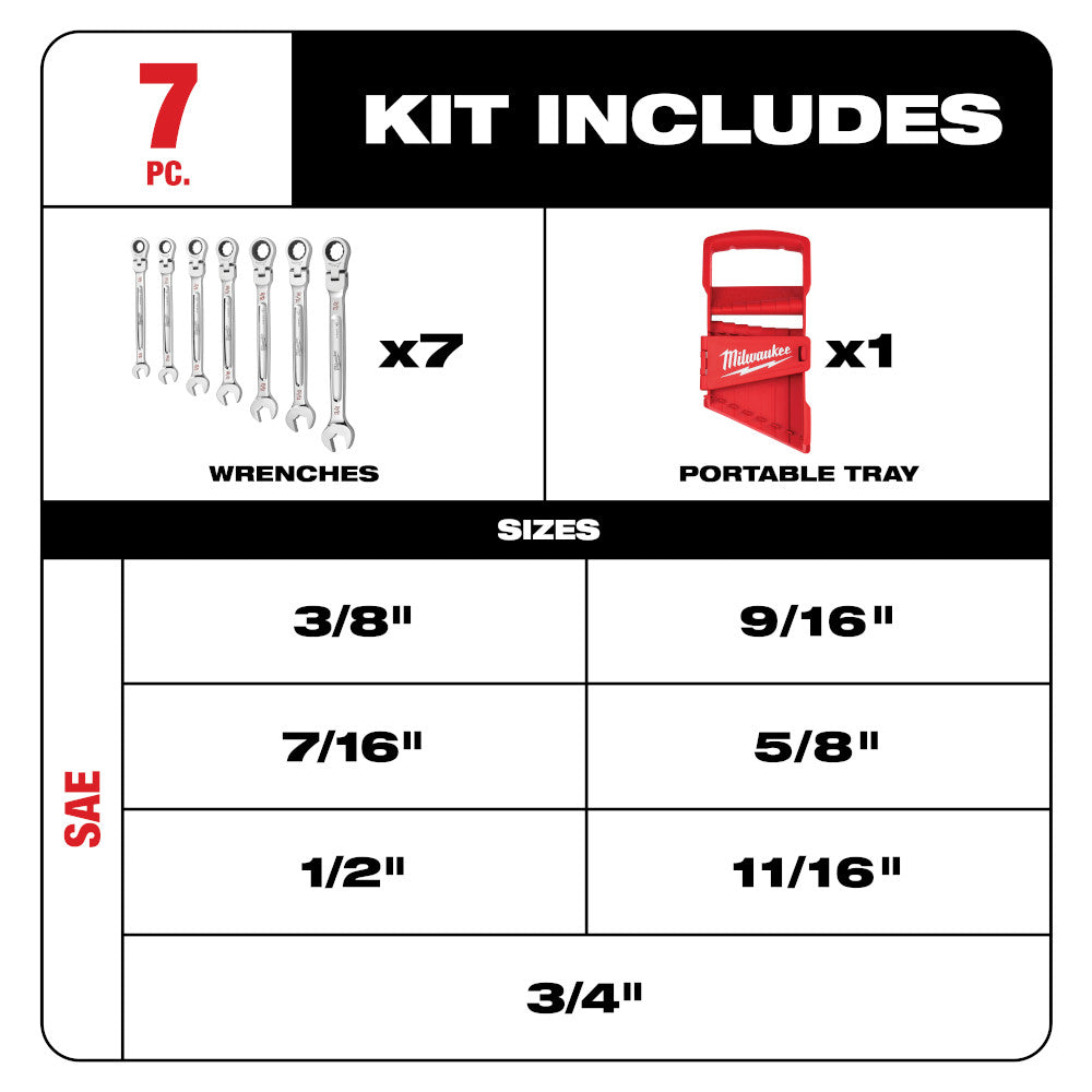 Milwaukee 48-22-9429, Flex Head Ratcheting Wrench Set - SAE - 7 Piece