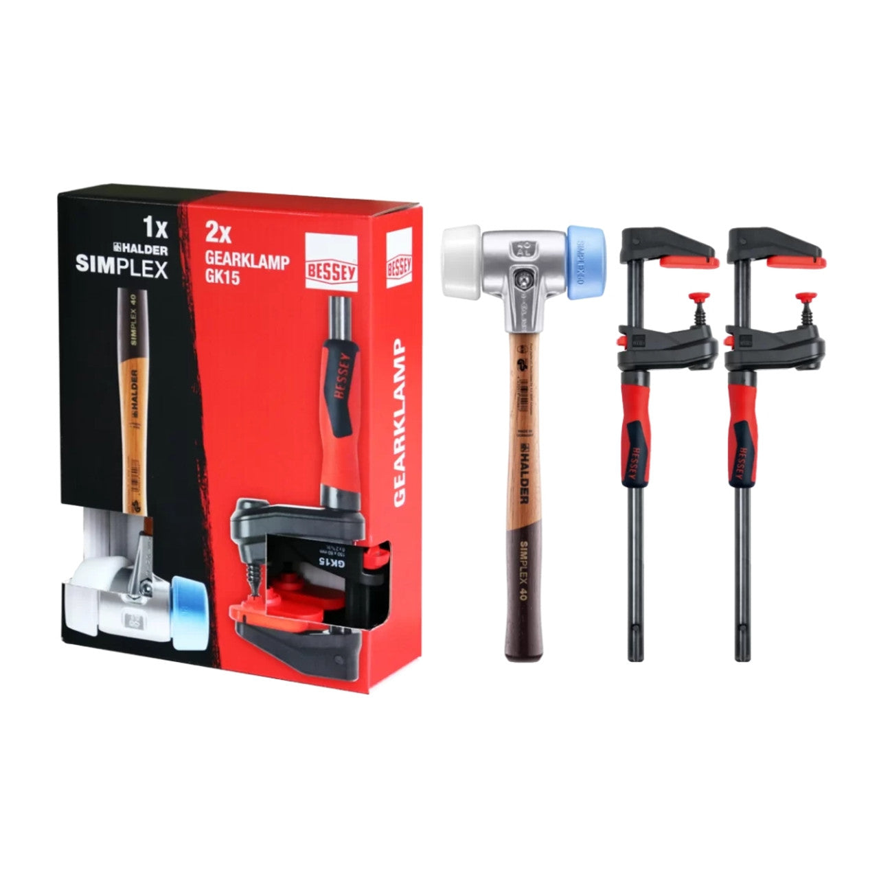 Halder 3117S005, 50mm Box Joiner SET Simplex Soft-face Mallet 50:40, TPE-Soft / Superplastic + 2x Bessey Gearklamp