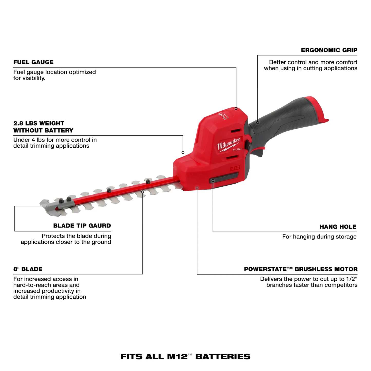 Milwaukee 2533-20, M12 FUEL 8" Hedge Trimmer (Tool Only)