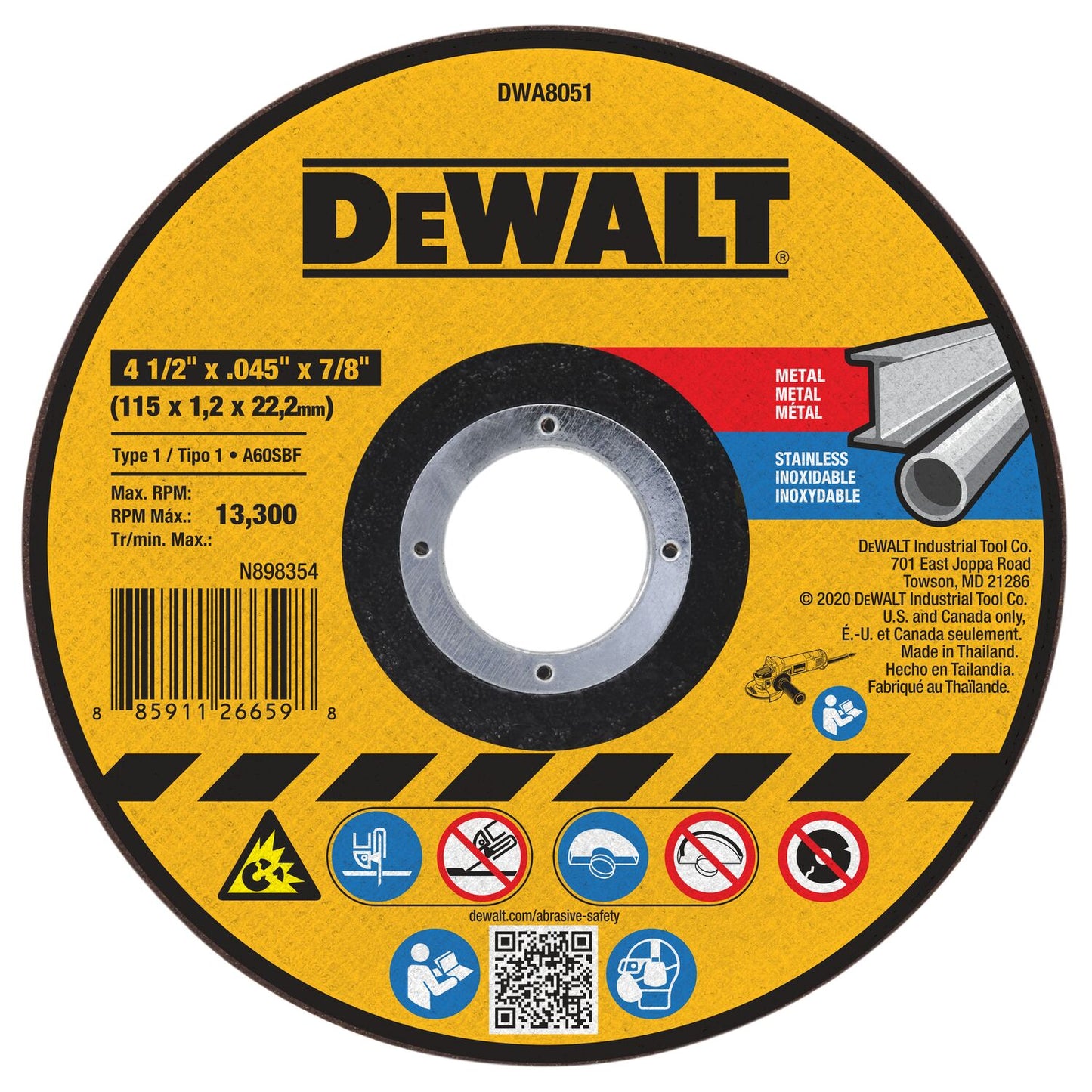 DEWALT DWA8051, 4-1/2'' X .045'' X 7/8'' Metal Cut-off Wheel