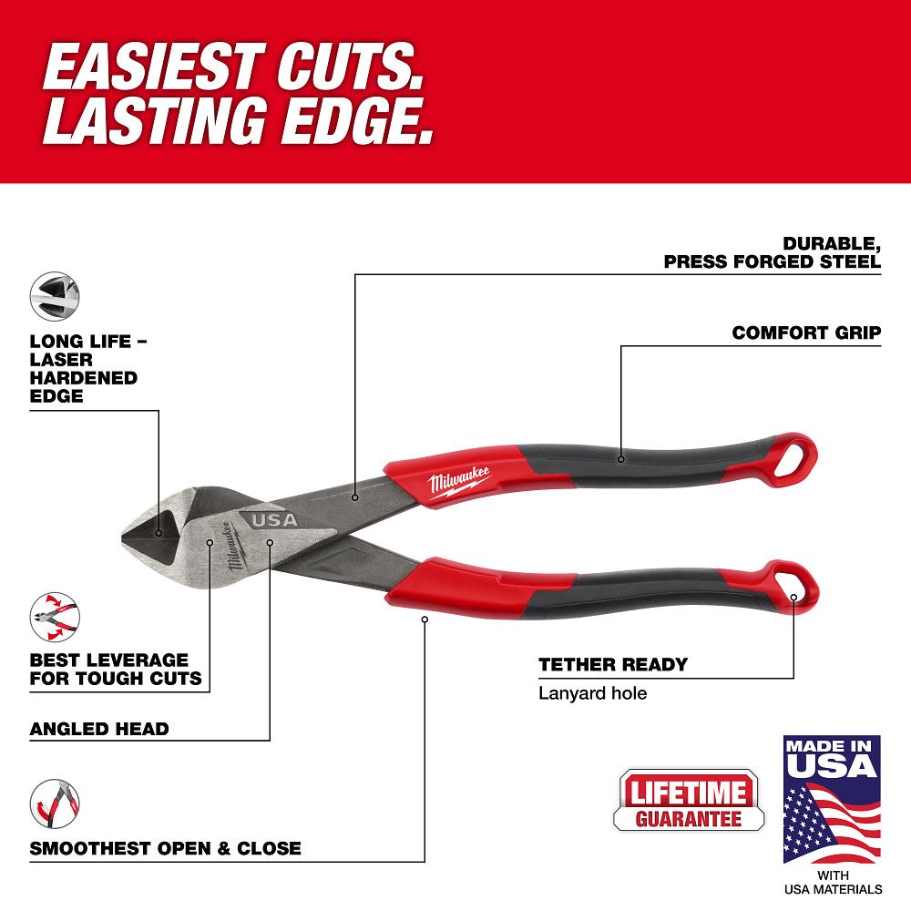 Milwaukee MT558A, 8" Angled Head Diagonal Comfort Grip Cutting Pliers (USA)
