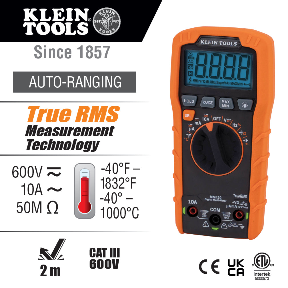 Klein Tools MM420, Digital Multimeter TRMS Auto-Ranging 600V Temp