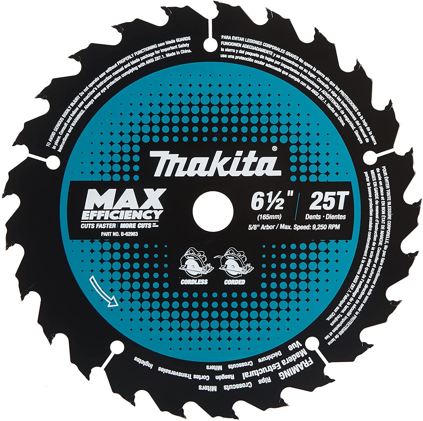 Makita B-62963, 6-1/2" Carbide Tipped Max Efficiency Circular Saw Blade (25T)