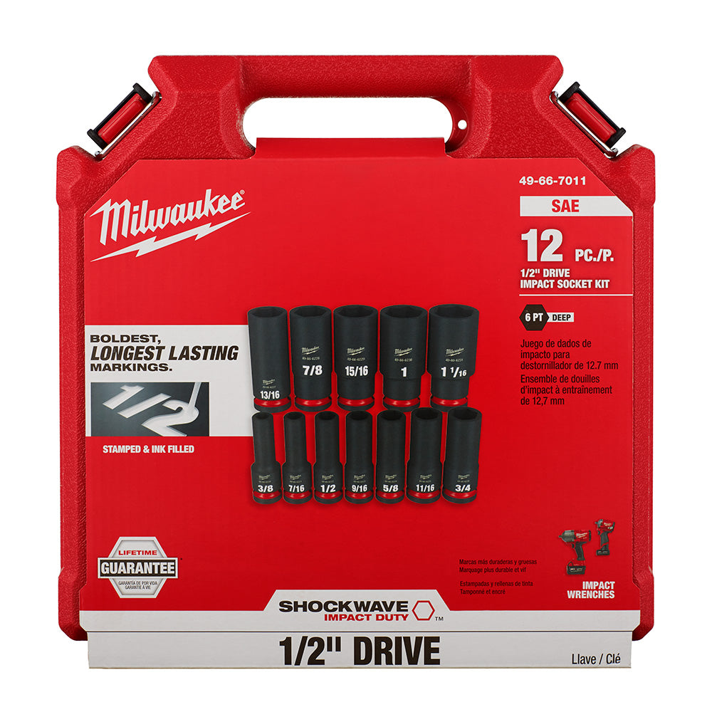 Milwaukee 49-66-7011, 1/2" Drive SHOCKWAVE Impact Duty SAE Deep 6 Point Socket Set - 12 Piece