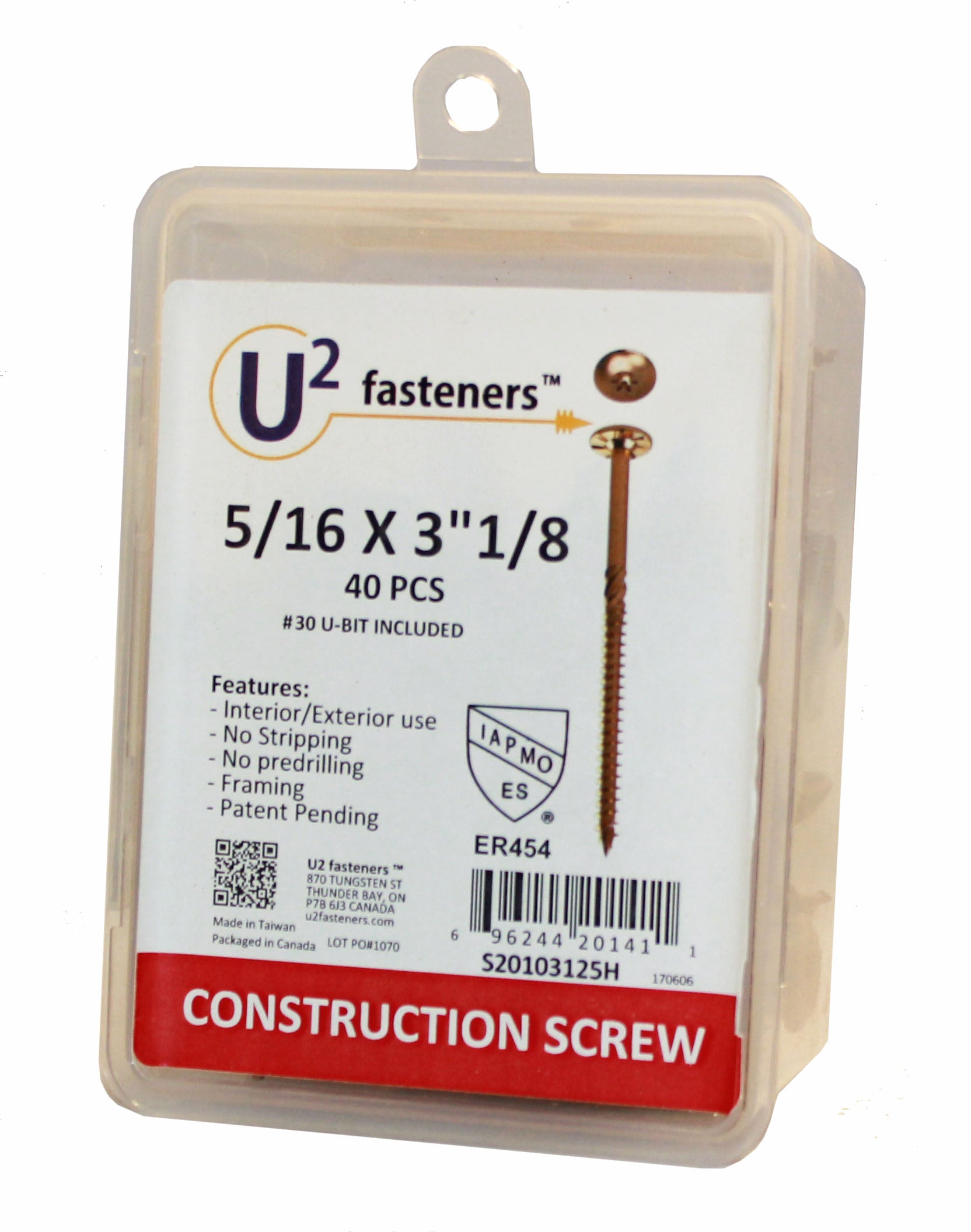 U2 Fasteners S20103125H, Construction Screw 5/16 X 3-1/8'' (40/pkg)