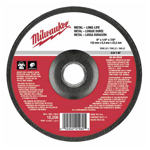 Milwaukee 49-94-6340, 6" x 1/4" x 7/8" Grinding Wheel, Type 27 (10/pkg)