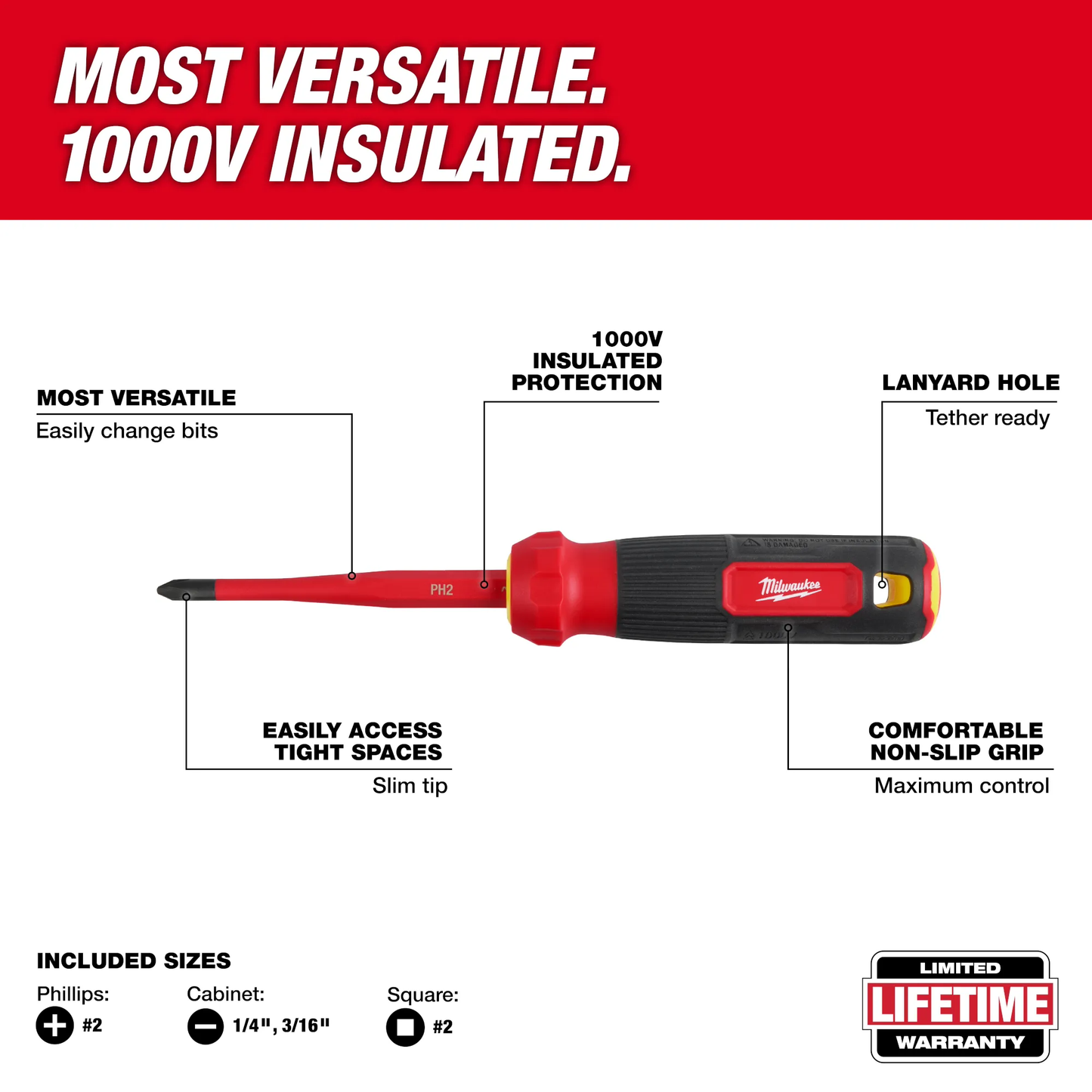 Milwaukee 48-22-2216, 4-in-1 1000V Insulated Slim Tip Multi-Bit Screwdriver