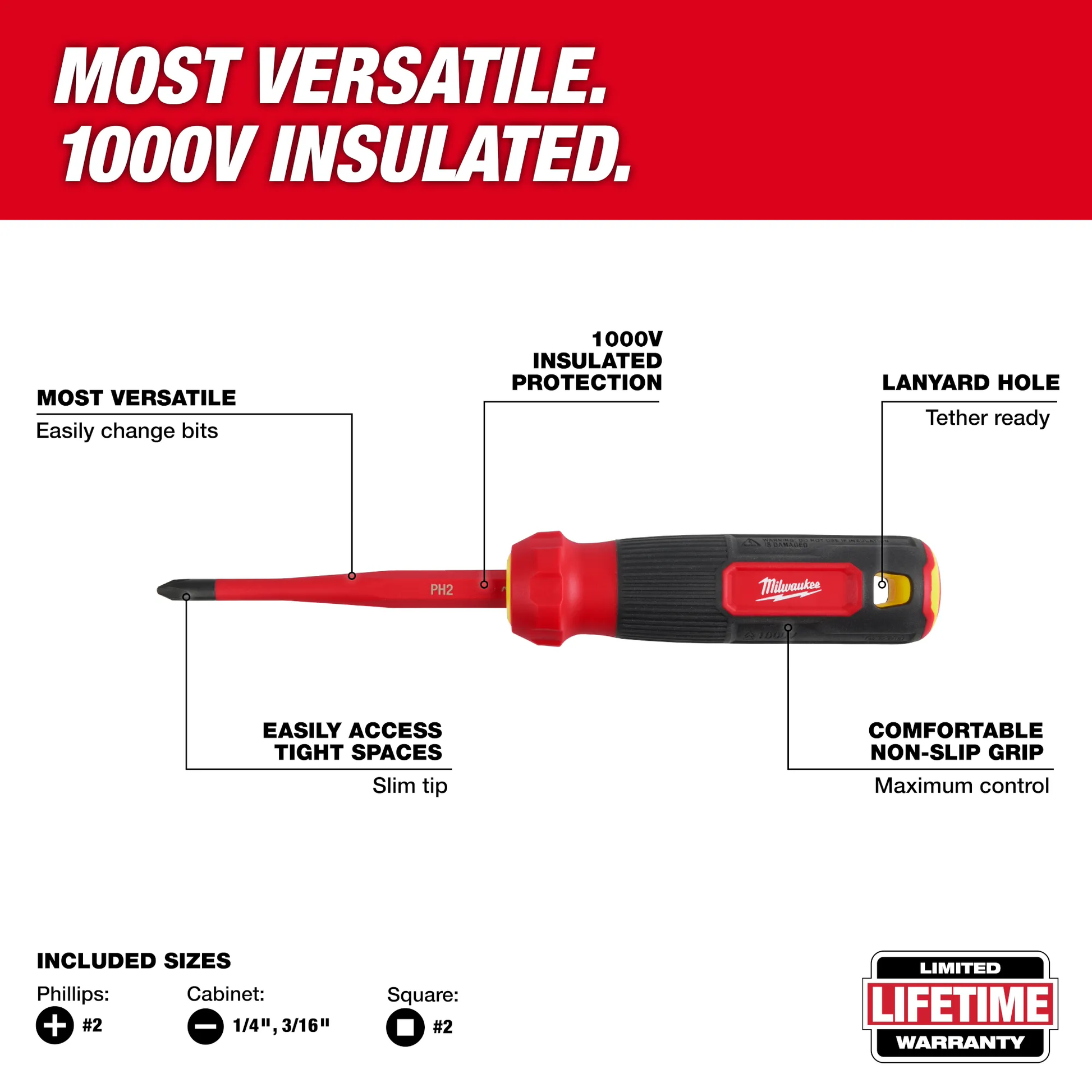 Milwaukee 48-22-2216, 4-in-1 1000V Insulated Slim Tip Multi-Bit Screwdriver