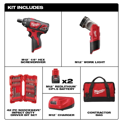 Milwaukee 2482-22, M12™ Screwdriver with Free LED Light and 40 Piece Bit Set