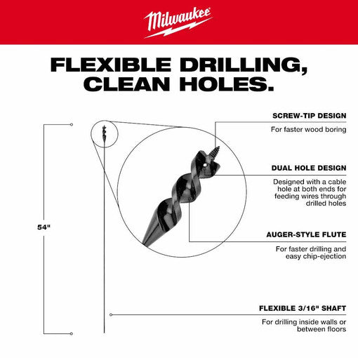 Milwaukee 48-13-8403, 9/16” x 54" Flexible Cable Auger Bit 3PC Set