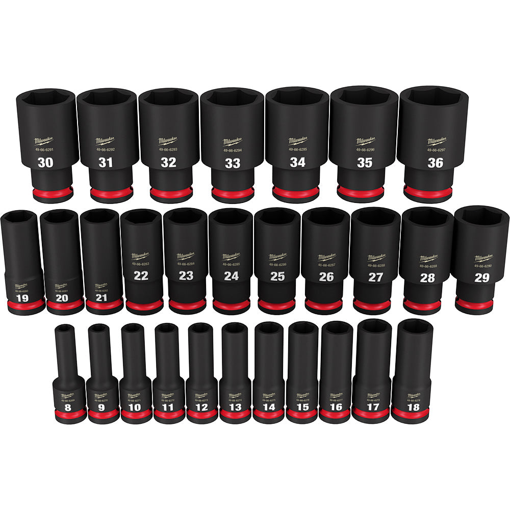 Milwaukee 49-66-7015, 1/2" Drive SHOCKWAVE Impact Duty Metric Deep 6 Point Socket Set - 29 Piece