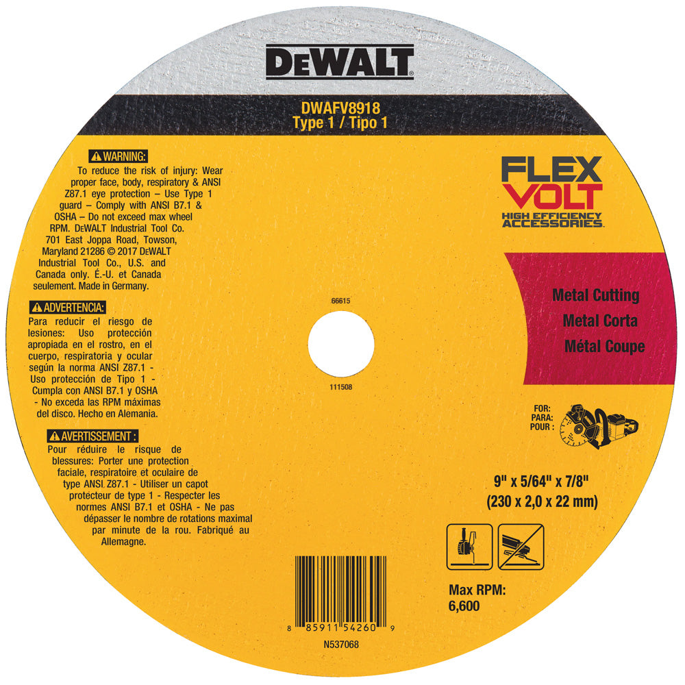 Dewalt DWAFV8918, 9'' FLEXVOLT Ceramic Metal Cutoff Wheel Type 1