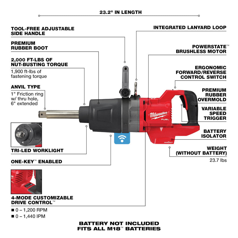 Milwaukee 2869-20, M18 FUEL 1" D-Handle High Torque Impact Wrench w/Ext. Anvil ONE-KEY