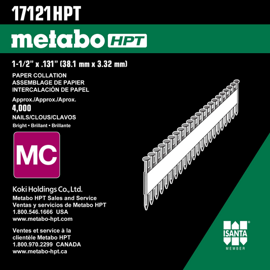 Metabo HPT17121HPT, 1-1/2'' x 0.131'' Heat Treated Brite Smooth Shank Basic Paper Tape Strap Tite Nails