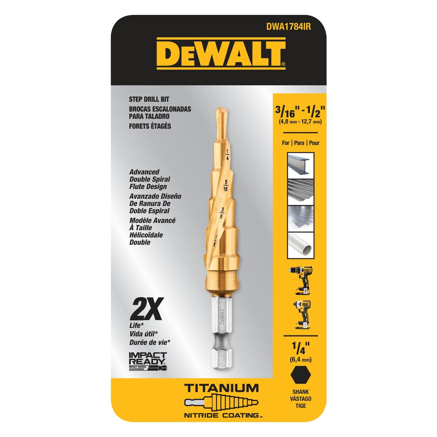 DEWALT DWA1784IR, 3/16'' - 1/2'' IMPACT READY Step Drill Bit