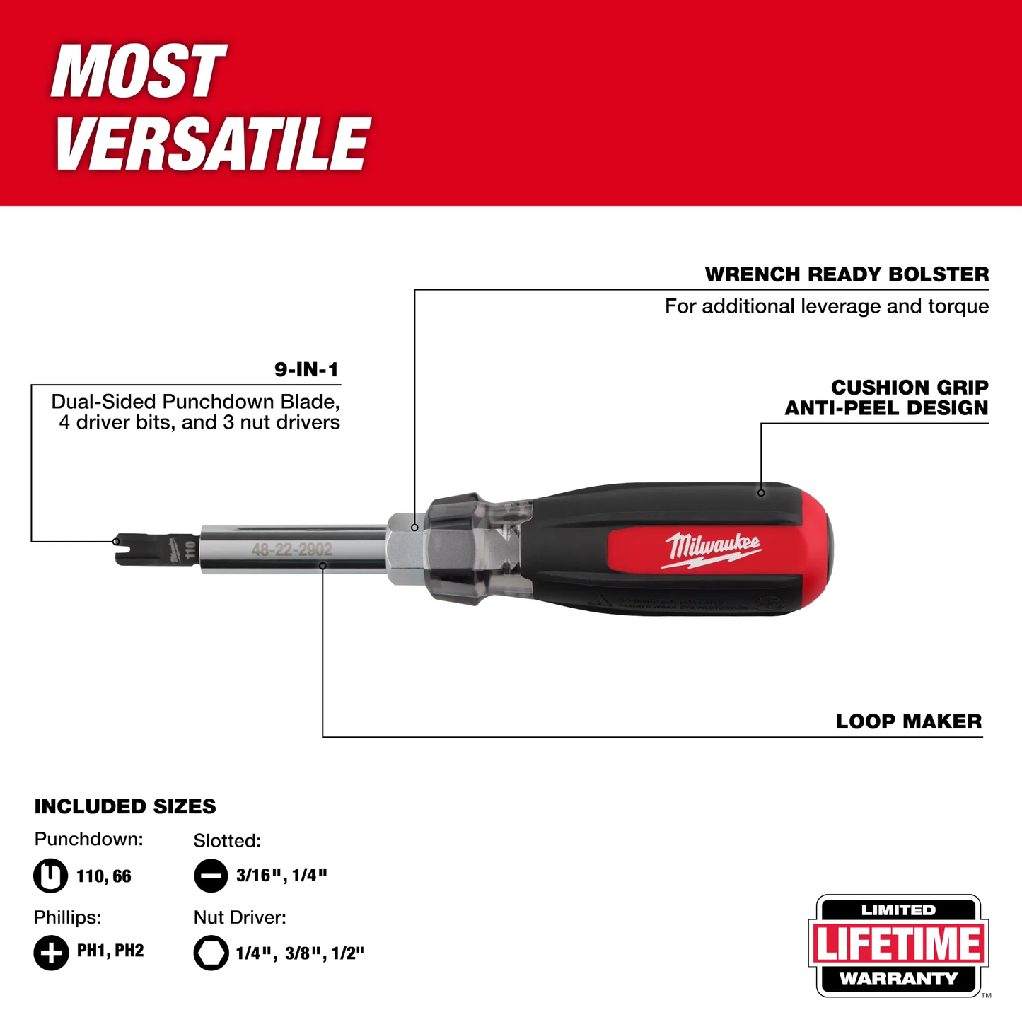 Milwaukee 48-22-2902, 9in1 Punchdown Multi-Bit Screwdriver